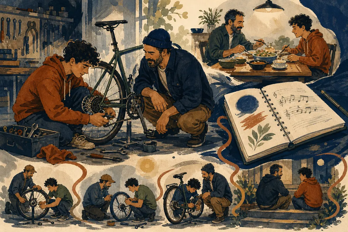 Gouache illustration of the repair he taught without taking over, a regular ride, a weekly meal inspiring a handmade a style he regularly chooses song for your stepdad.