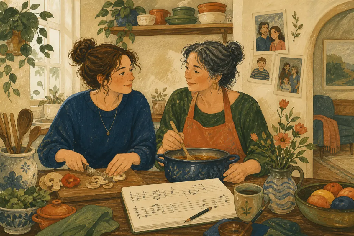 Gouache illustration of a new family tradition, the first comfortable conversation, a dependable check-in inspiring a handmade a style she genuinely enjoys song for your stepmom.