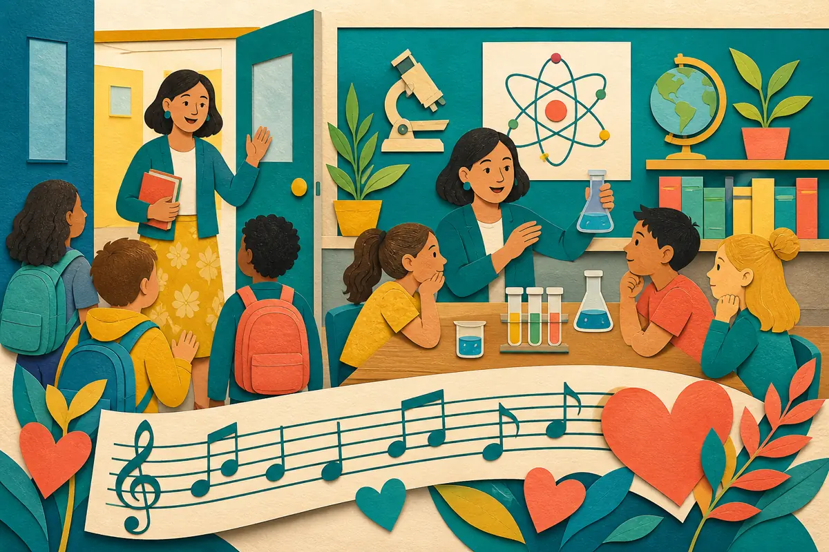 Gouache illustration of the greeting at the classroom door, a patient explanation, a recurring science demo inspiring a handmade a clean, accessible style suitable for school song
