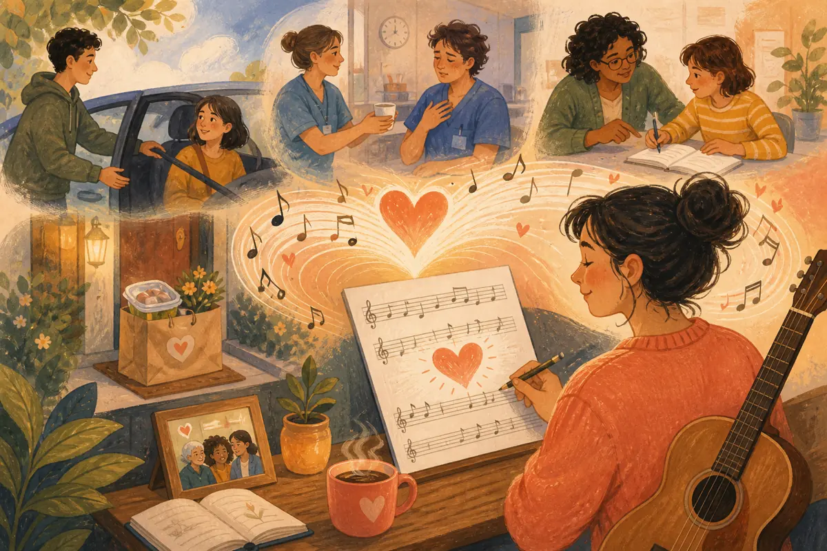 Gouache illustration of the ride offered without fuss, the extra shift covered, a patient explanation inspiring a handmade a style comfortable for the recipient song for the person