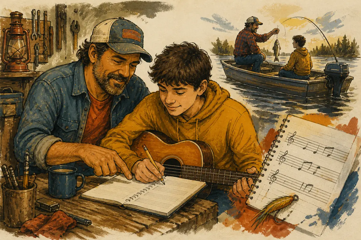 Gouache illustration of a workshop lesson, a holiday joke, a fishing trip inspiring a handmade a style linked to his listening habits song for your uncle.
