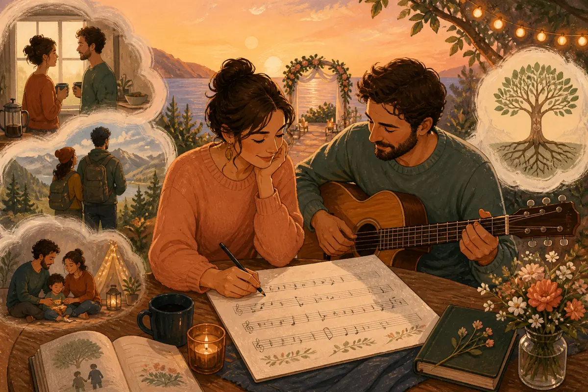 Gouache illustration of the way you now handle mornings, a decision survived together, a family ritual inspiring a handmade a style connected to both the wedding era and present ta