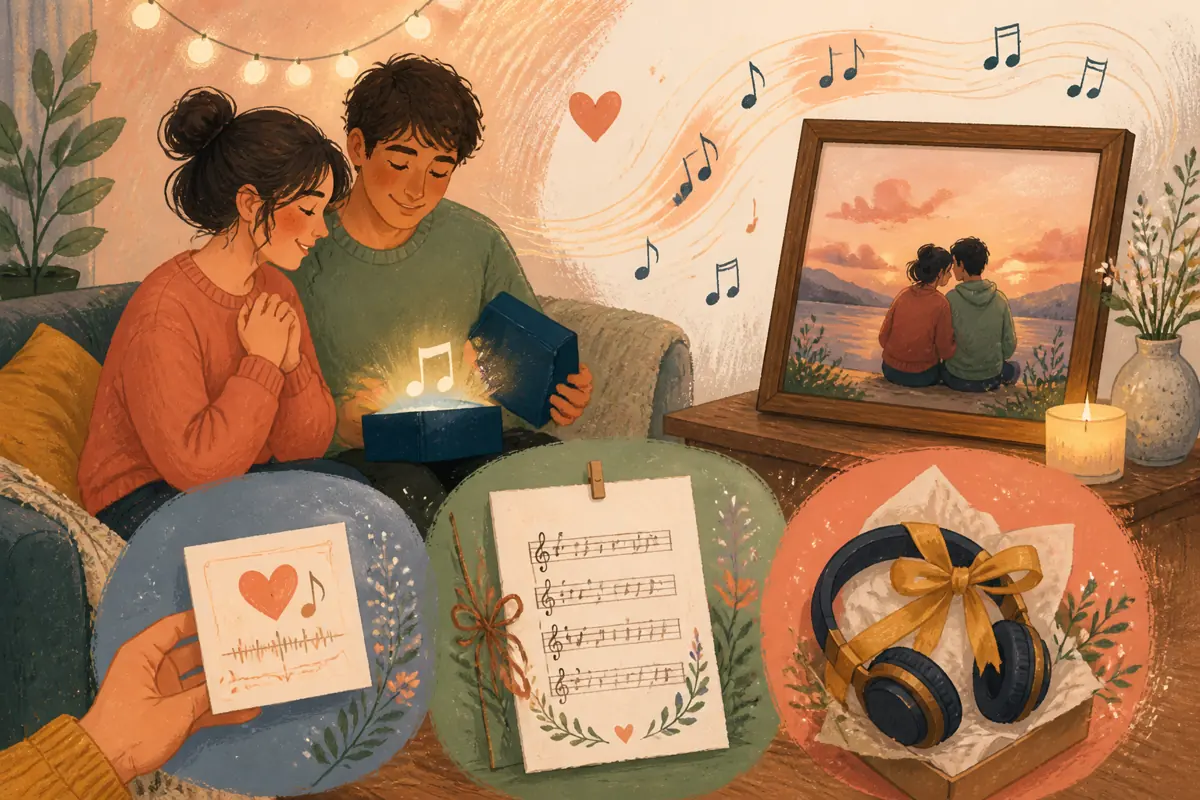 Gouache illustration of a small card with the listening link, a framed memory shown after the audio inspiring a handmade a visual treatment that complements the music song for the