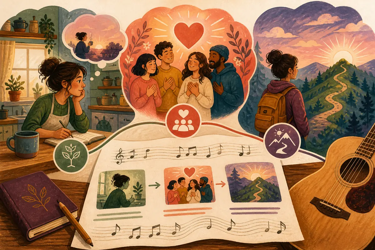 Gouache illustration of a first verse set in one familiar kitchen, a chorus that states thanks, and a bridge that names what changed inspiring a handmade the chosen style song for