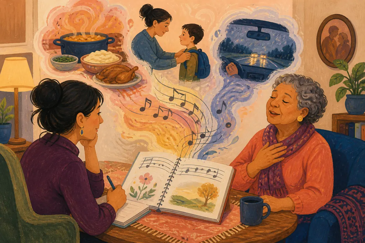 Gouache illustration of the smell of a Sunday meal, a sentence repeated before school inspiring a handmade the recipient’s listening style song for the person collecting details.