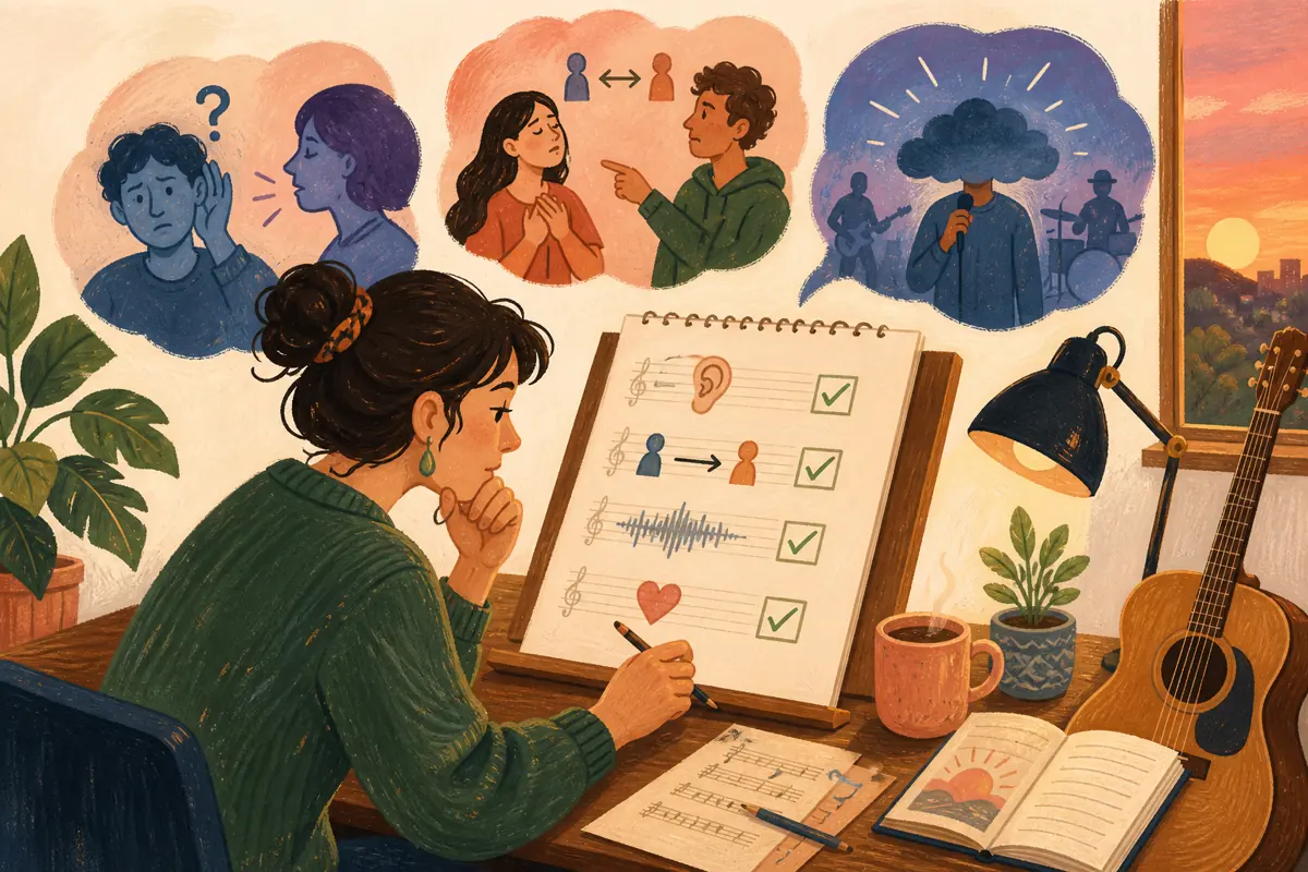 Gouache illustration of a mispronounced surname, a lyric that reverses who acted inspiring a handmade the selected genre song for the person reviewing the song.