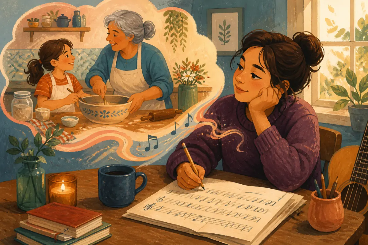 Gouache illustration of arriving early to unlock a shop, learning a family recipe inspiring a handmade the selected genre song for the songwriter.