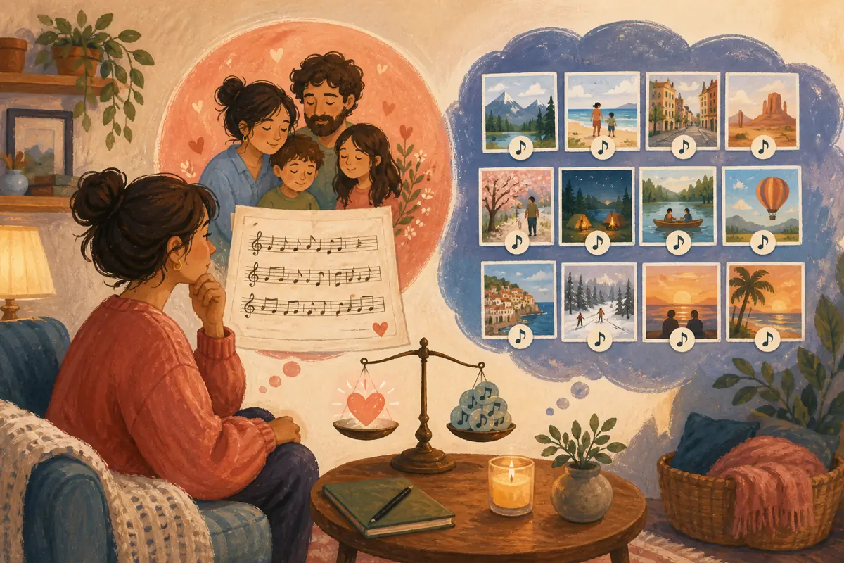 Gouache illustration of one original song explaining a family thank-you versus twelve familiar tracks tied to different trips and years inspiring a handmade the recipient’s real li