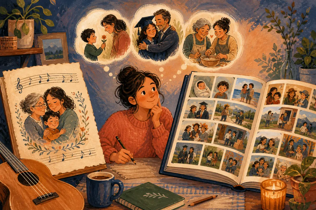 Gouache illustration of three vivid memories that support one thank-you versus forty photos that show a family move across a decade inspiring a handmade a format suited to the avai