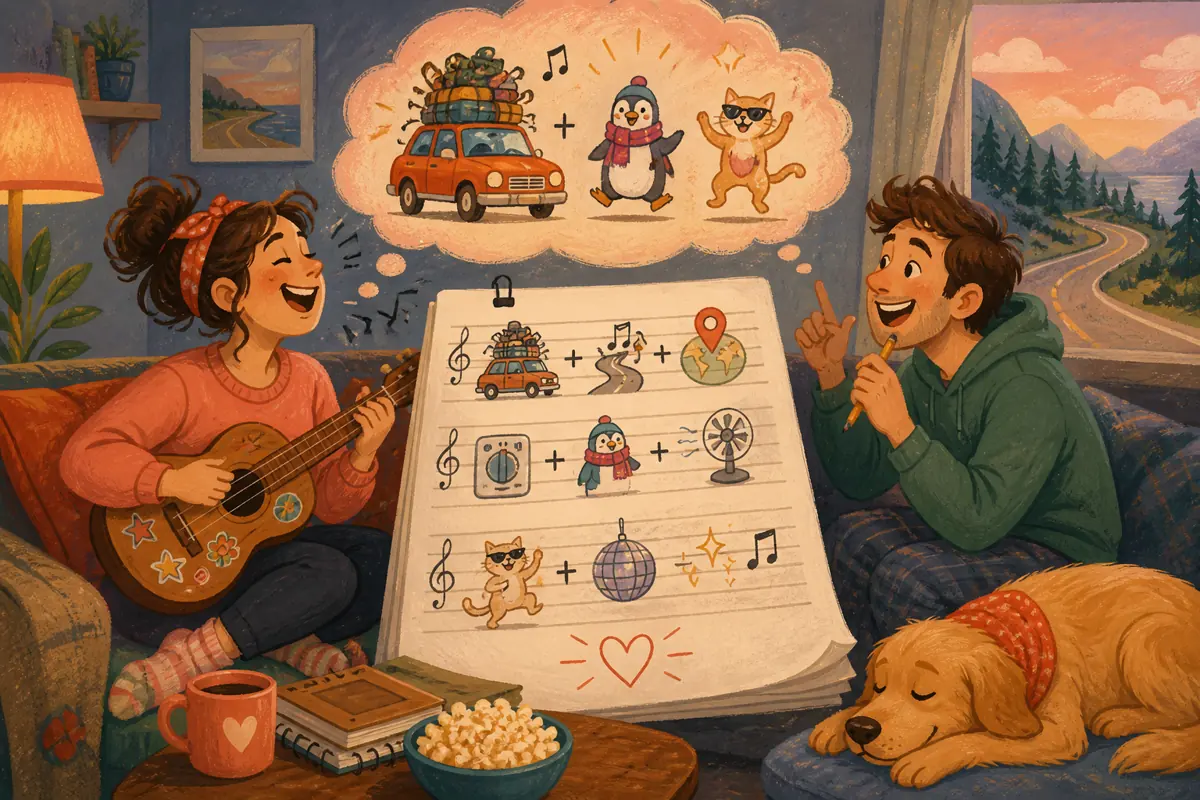 Gouache illustration of a famously overpacked road-trip bag, a repeated wrong turn inspiring a handmade a light style the recipient enjoys song for the recipient.