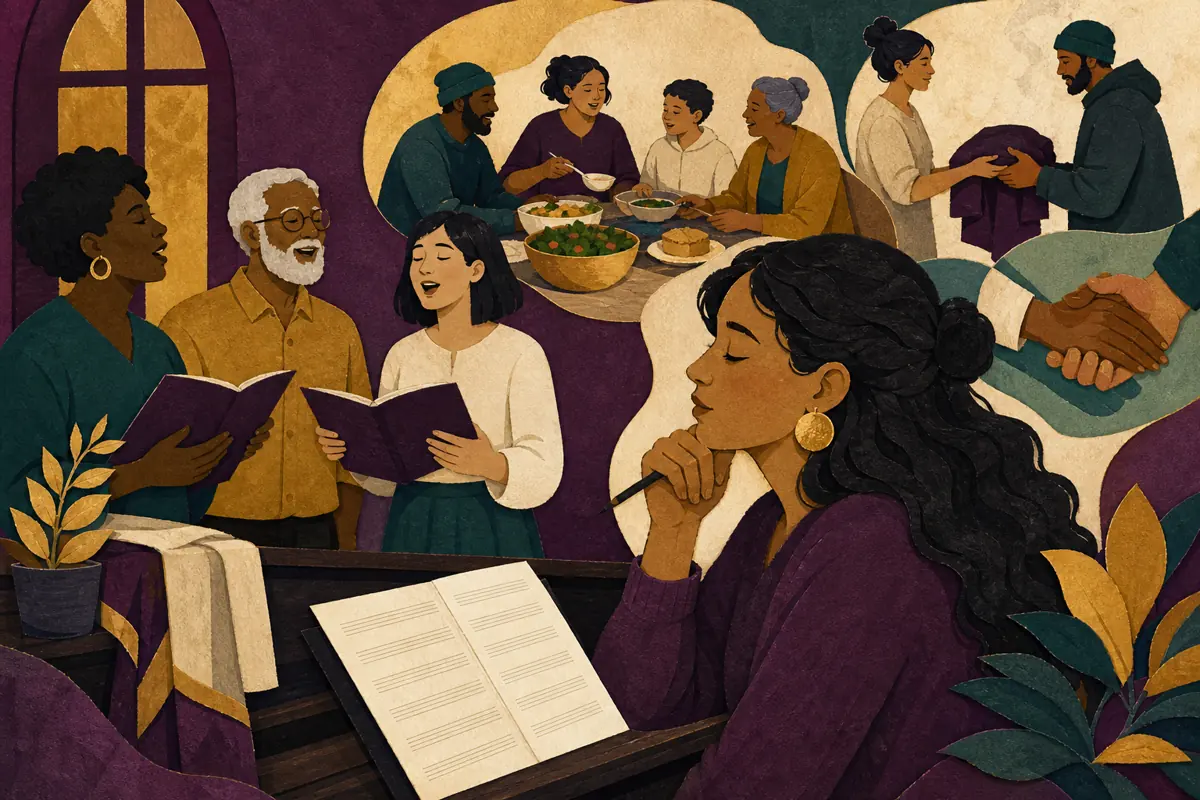 Gouache illustration of a prayer answered through practical help, a church kitchen after service inspiring a handmade gospel song for a faith-centered recipient or community.