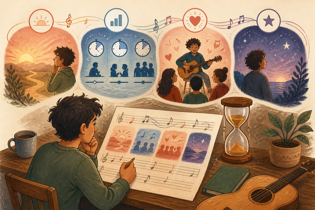 Gouache illustration of an opening scene, a second scene with new information, one chorus message, and a short ending inspiring a handmade a structure whose pace fits the lyric den