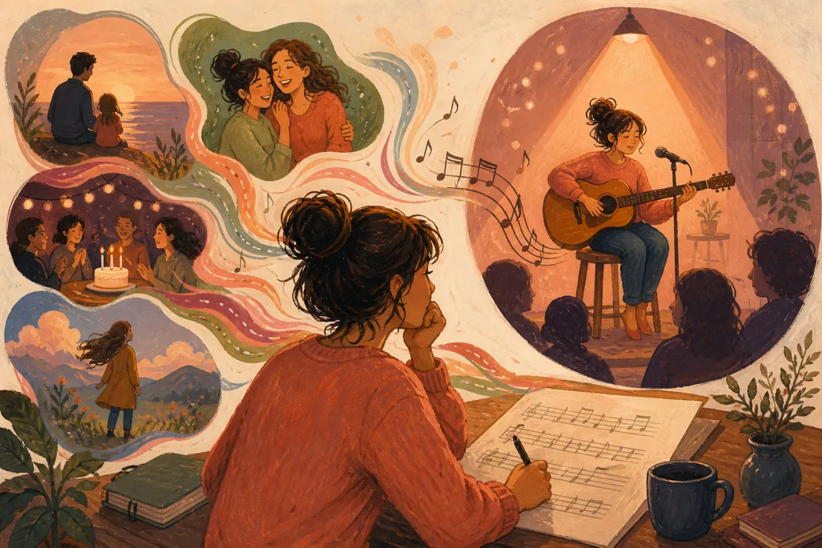 Gouache illustration of one opening scene, one contrasting or later scene, and one repeated phrase that supports the same message inspiring a handmade a style that leaves enough sp