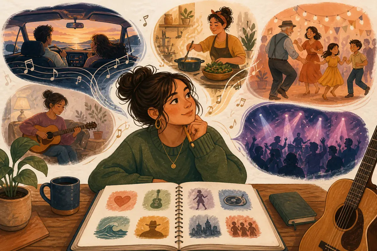 Gouache illustration of the songs they replay in the car, the pace they choose while cooking, a quiet acoustic preference inspiring a handmade the recipient’s real listening patter