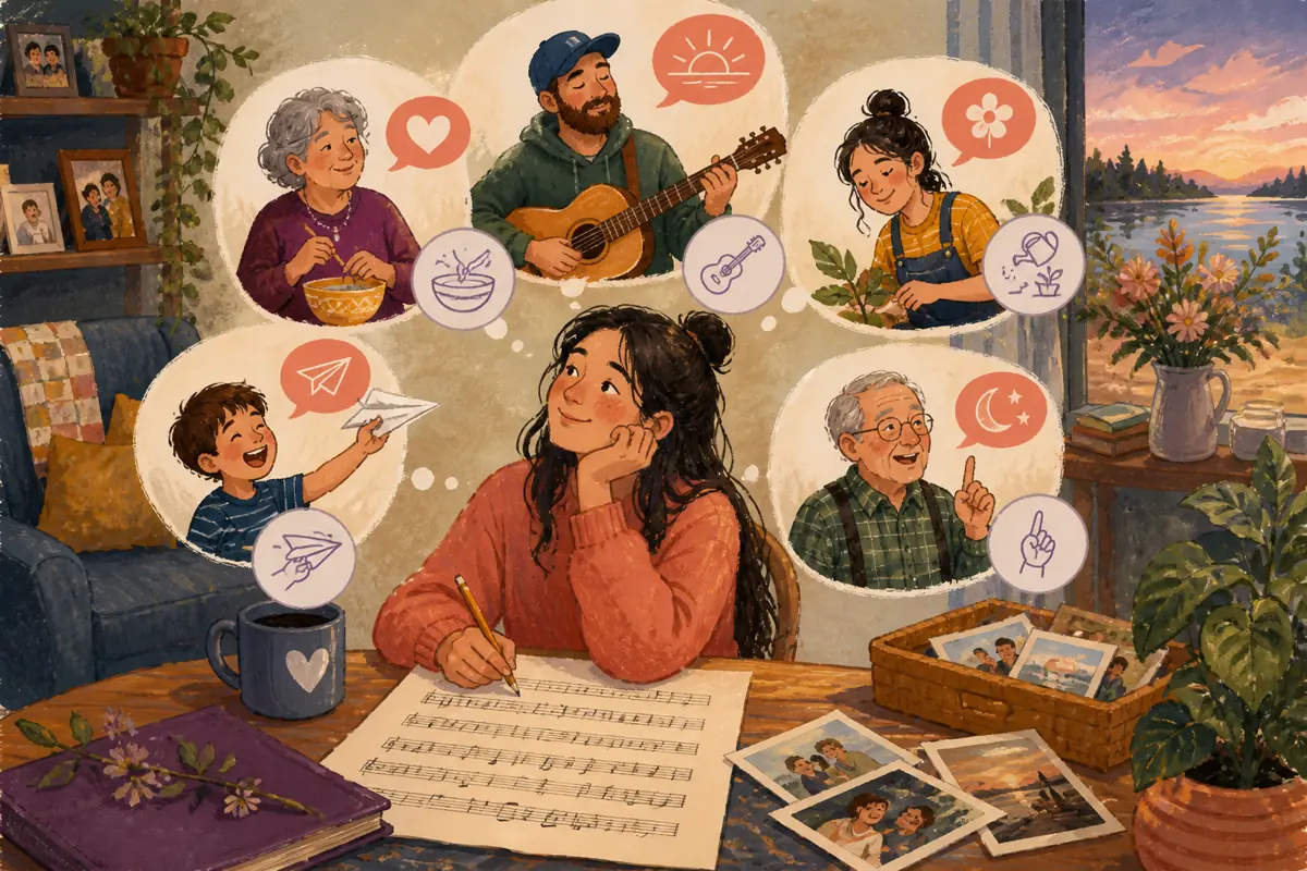 Gouache illustration of asking each person for one action the recipient repeats and one phrase they actually use inspiring a handmade a style suitable for the final recipient song