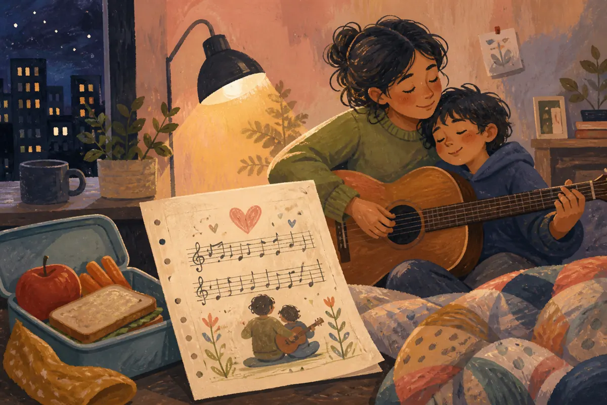 Gouache illustration of a packed lunch, a light left on after a late shift inspiring a handmade a style with room for clear words song for the intended listener.