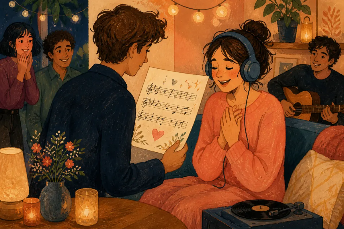 Gouache illustration of a quiet car listen after dinner, headphones at home inspiring a handmade the recipient’s preferred style song for the recipient.