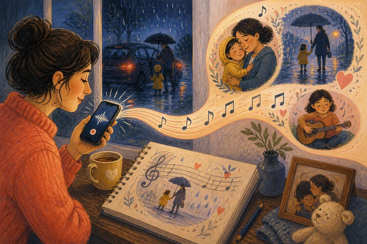 Gouache illustration of a 45-second note about a rainy pickup, the exact family saying used there, and why it still matters inspiring a handmade the later song style song for the p