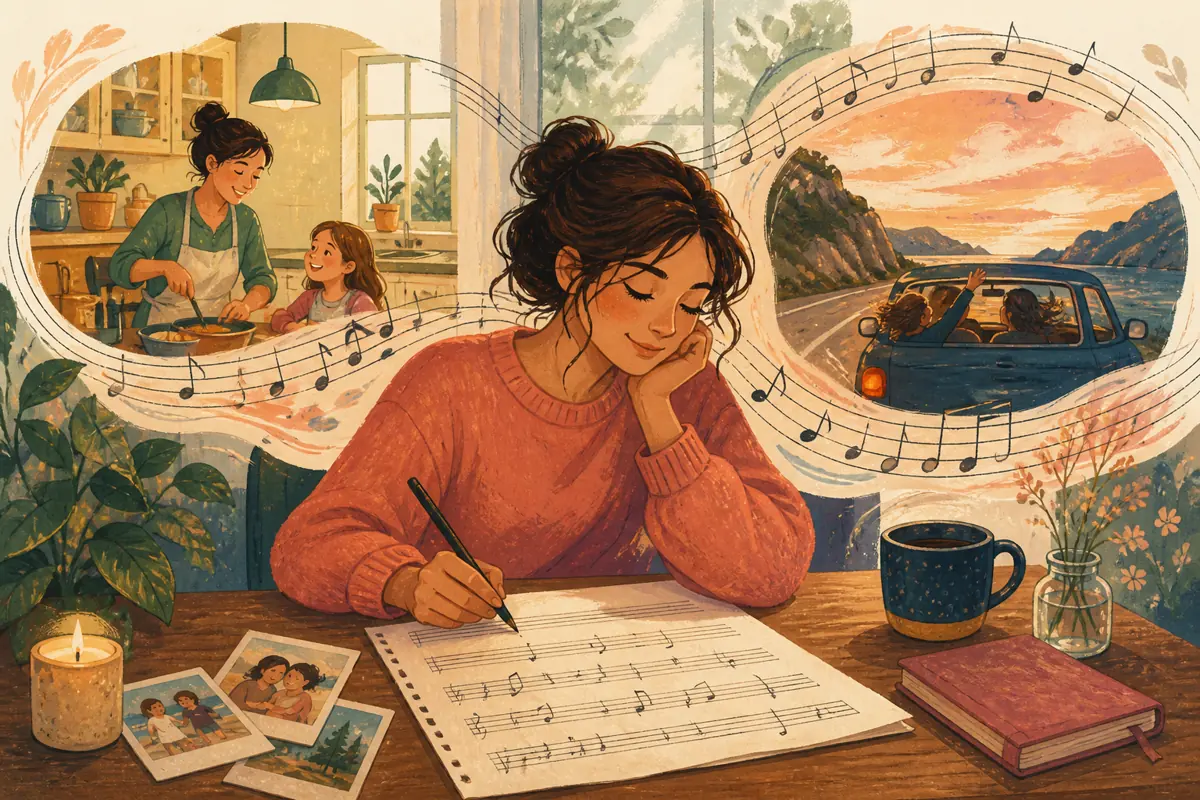 Gouache illustration of three notes about the same kitchen, separate road-trip details, a repeated phrase inspiring a handmade a genre chosen after the memory structure is clear so