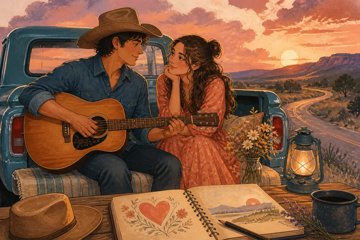 Gouache illustration of a regular date, a shared playlist, a roadside stop inspiring a handmade country song for your girlfriend.