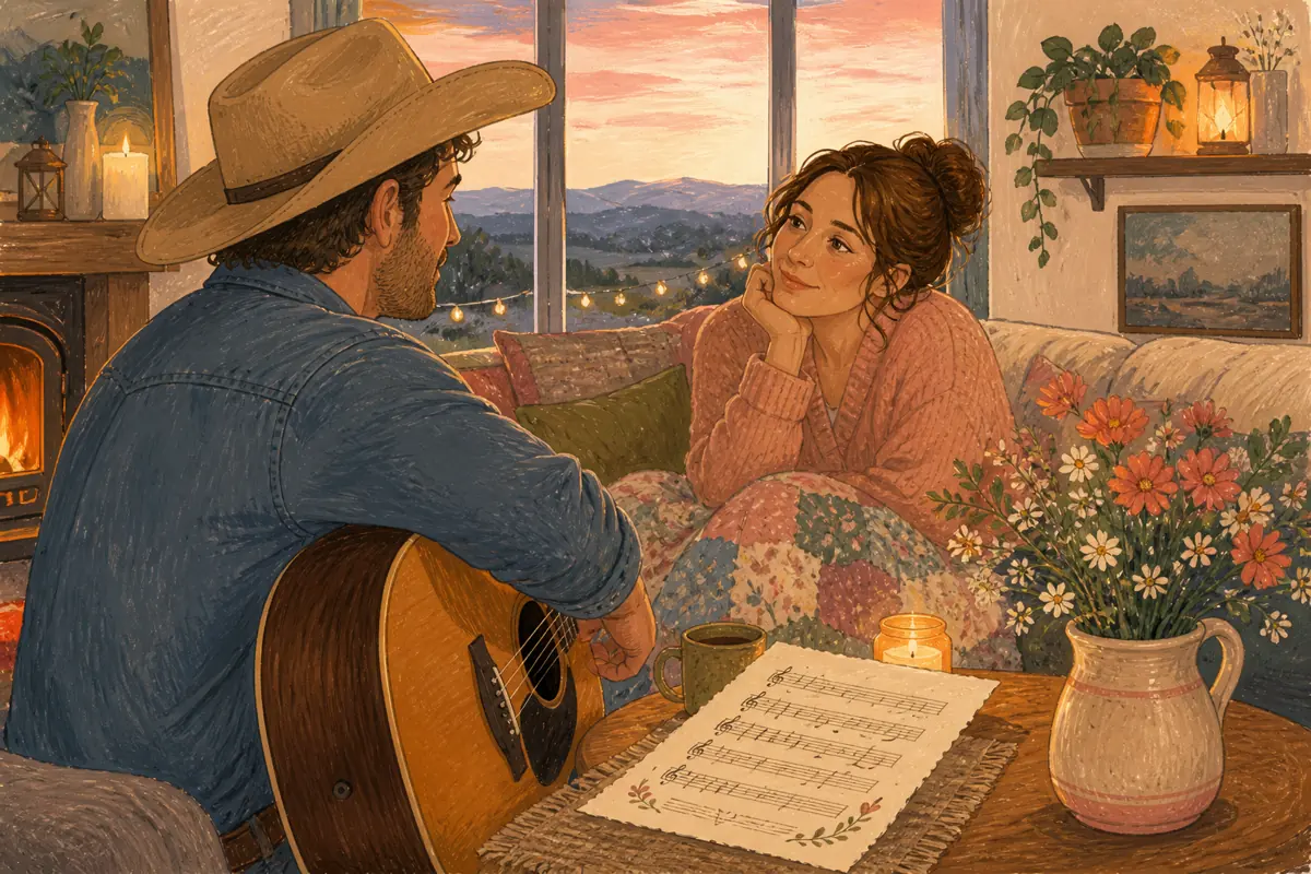 Gouache illustration of how she listens before answering, the way she makes a shared space feel welcoming inspiring a handmade country song for your wife.