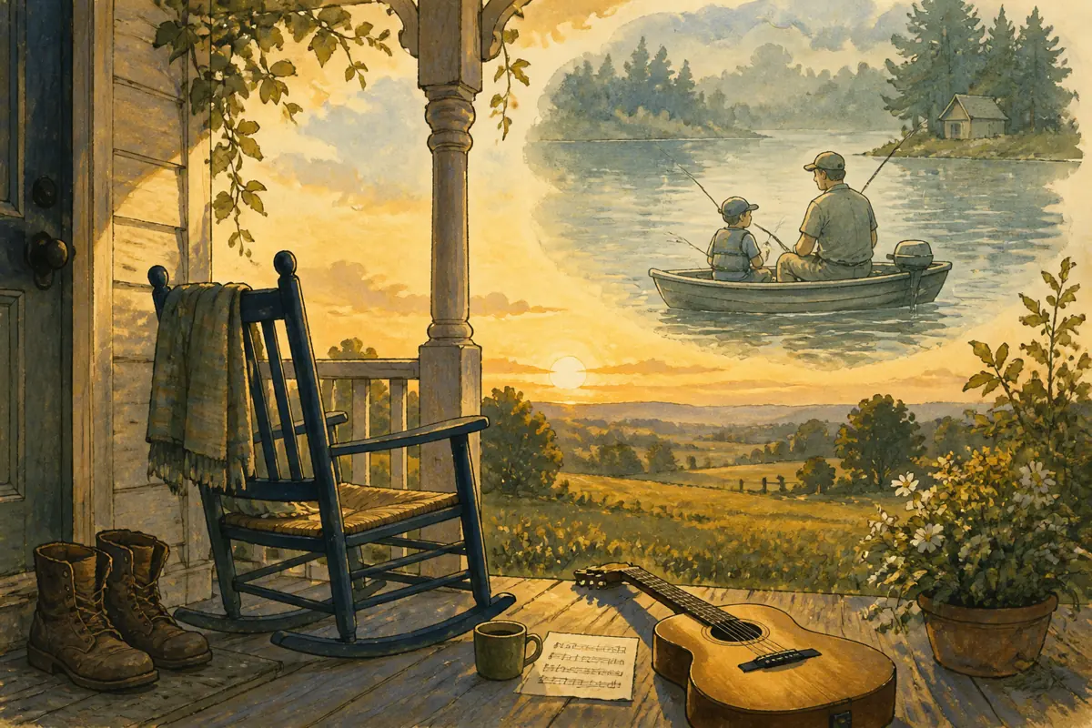 Gouache illustration of work boots by the door, a familiar truck route, a fishing morning inspiring a handmade country song for the family and friends remembering a son.
