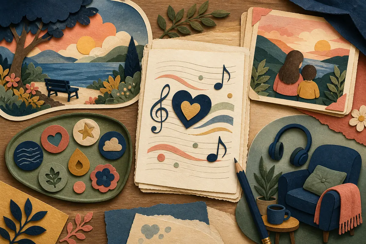 Gouache illustration of a repeated family phrase, one vivid shared place inspiring a handmade a style the recipient already enjoys song for someone important to you.