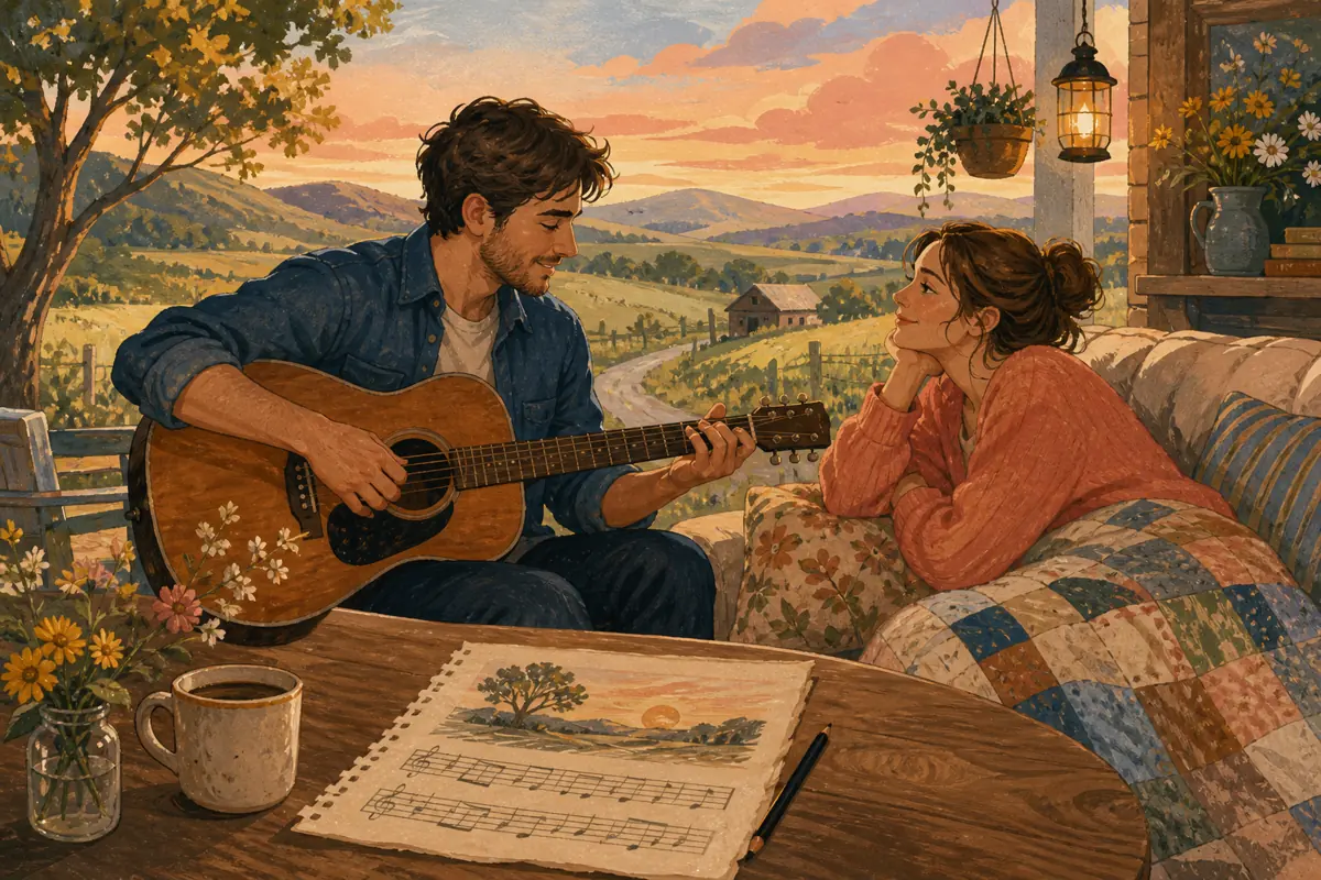 Gouache illustration of the first cup of coffee, dividing errands, laughing after a long day inspiring a handmade country song for your wife.