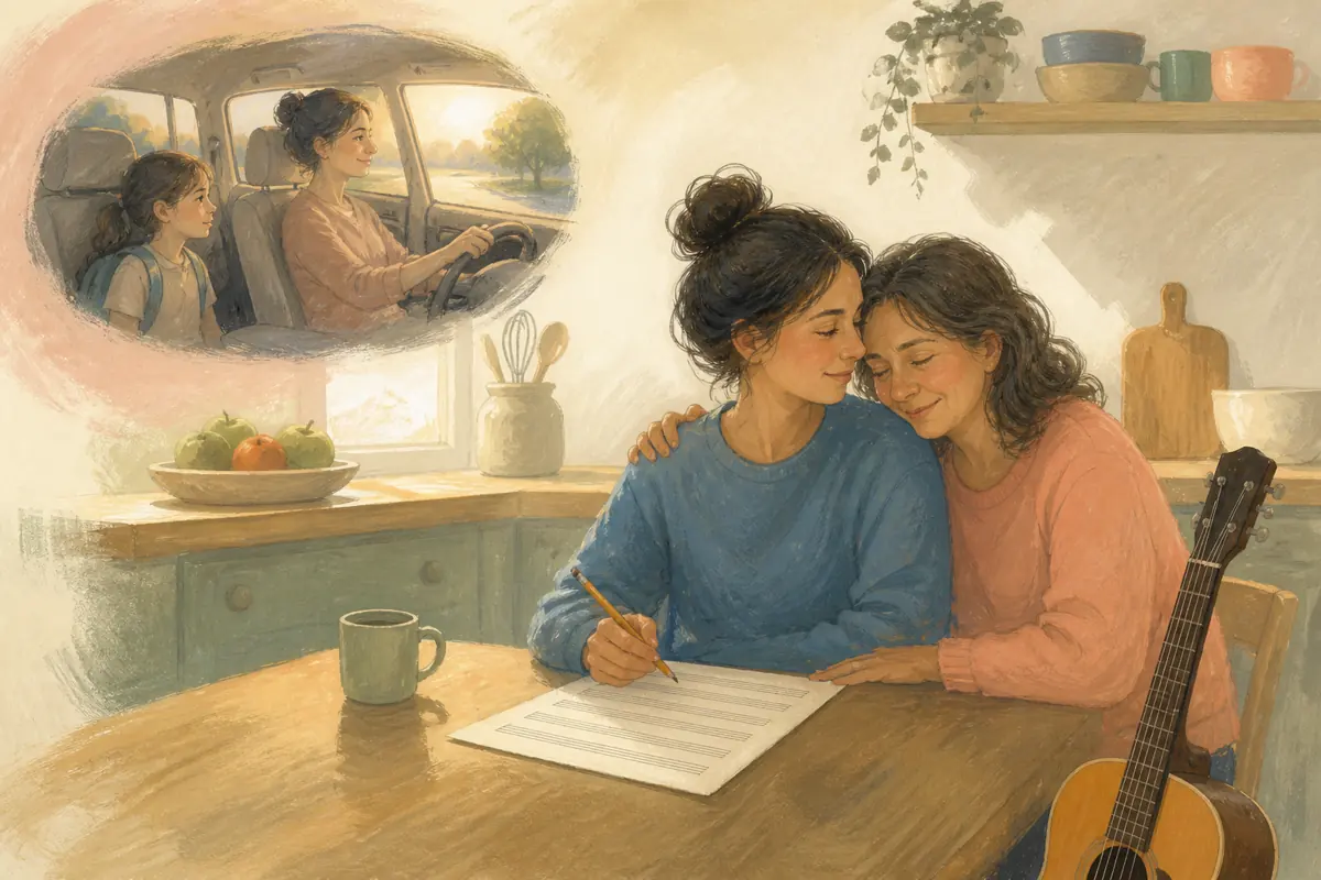 Gouache illustration of her voice from the kitchen, a regular drive to school inspiring a handmade acoustic song for your mom.
