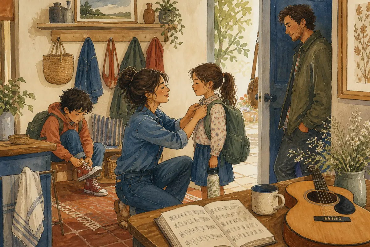 Gouache illustration of the way she prepares for a school morning, protects a child’s confidence inspiring a handmade country song for your girlfriend.