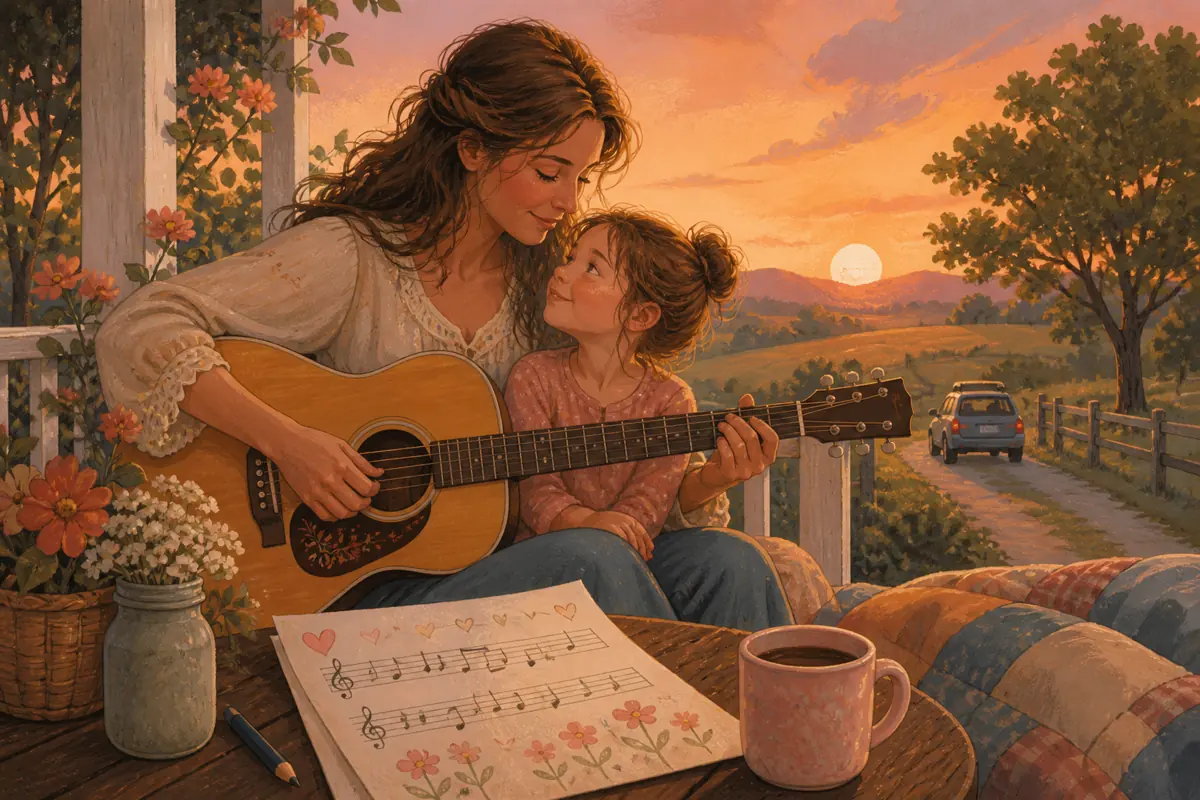 Gouache illustration of the drive to school, a repeated family saying inspiring a handmade country song for your mom.