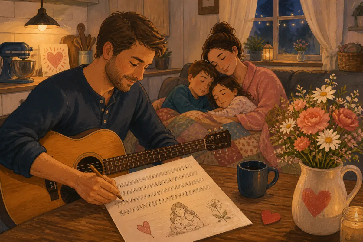Gouache illustration of the kitchen after bedtime, a family road trip inspiring a handmade country song for your wife.