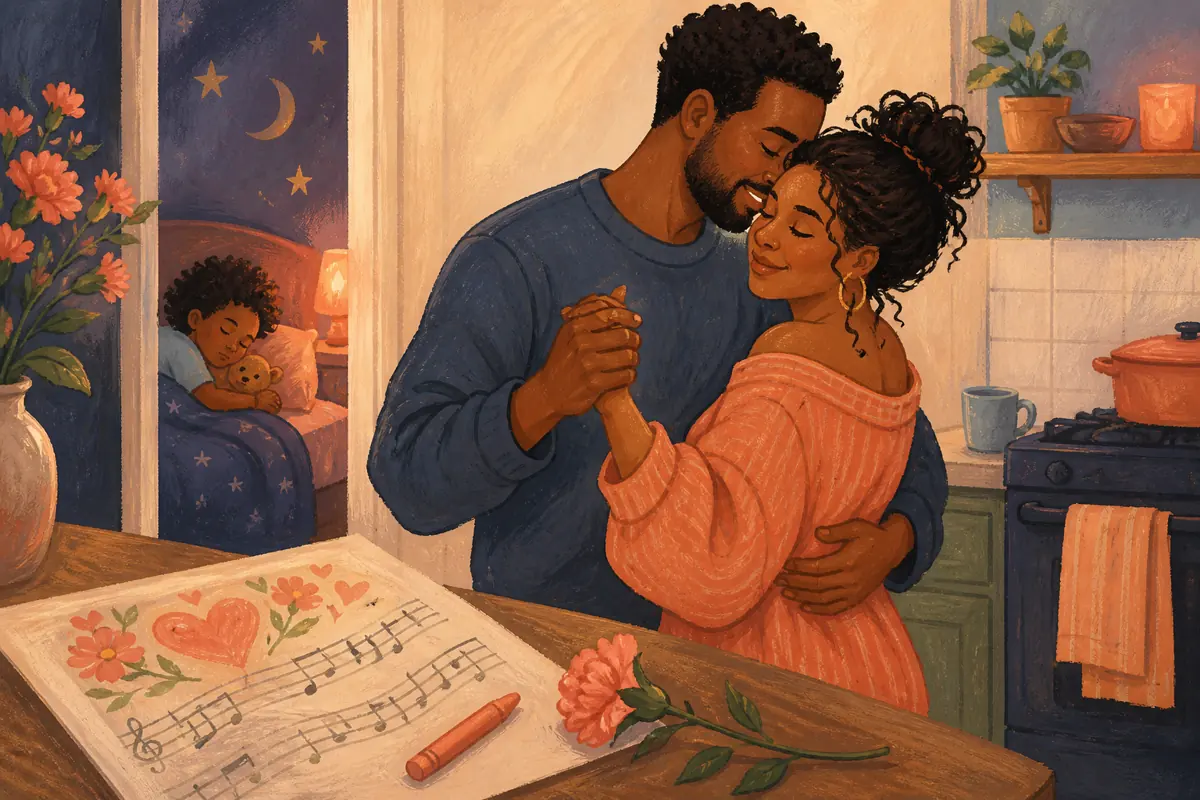 Gouache illustration of the quiet after bedtime, the way she protects a child’s confidence inspiring a handmade R&B song for your wife.