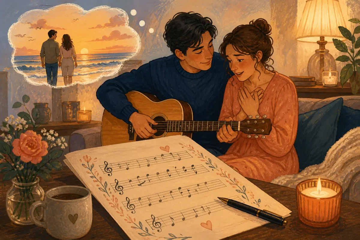 Gouache illustration of a specific shared memory being shaped into “Plan a Personalized Anniversary Song That Fits,” with musical motifs and a handmade gift.