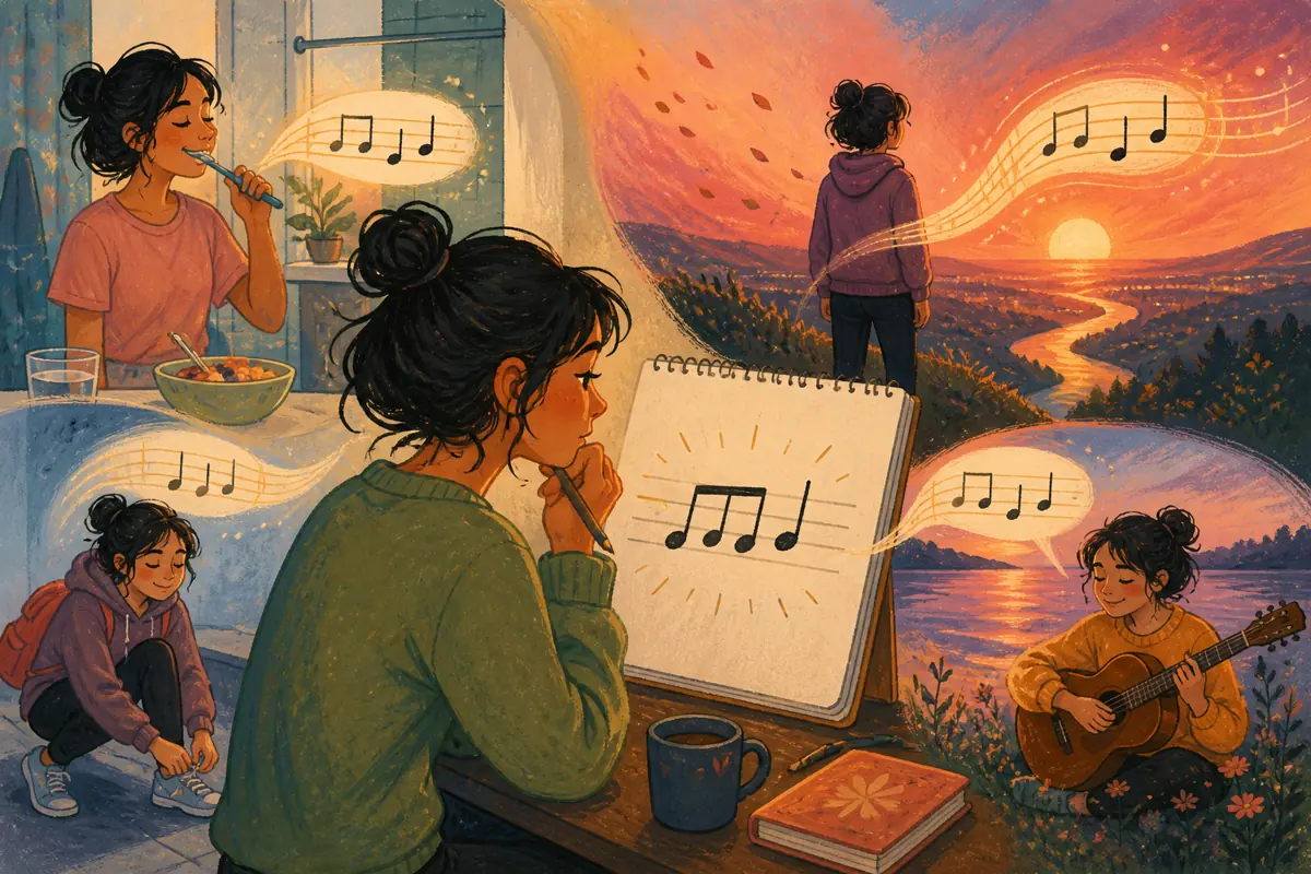 Gouache illustration of a morning routine in verse one, a turning point in verse two, and a five-word message that returns unchanged inspiring a handmade pop song for the intended