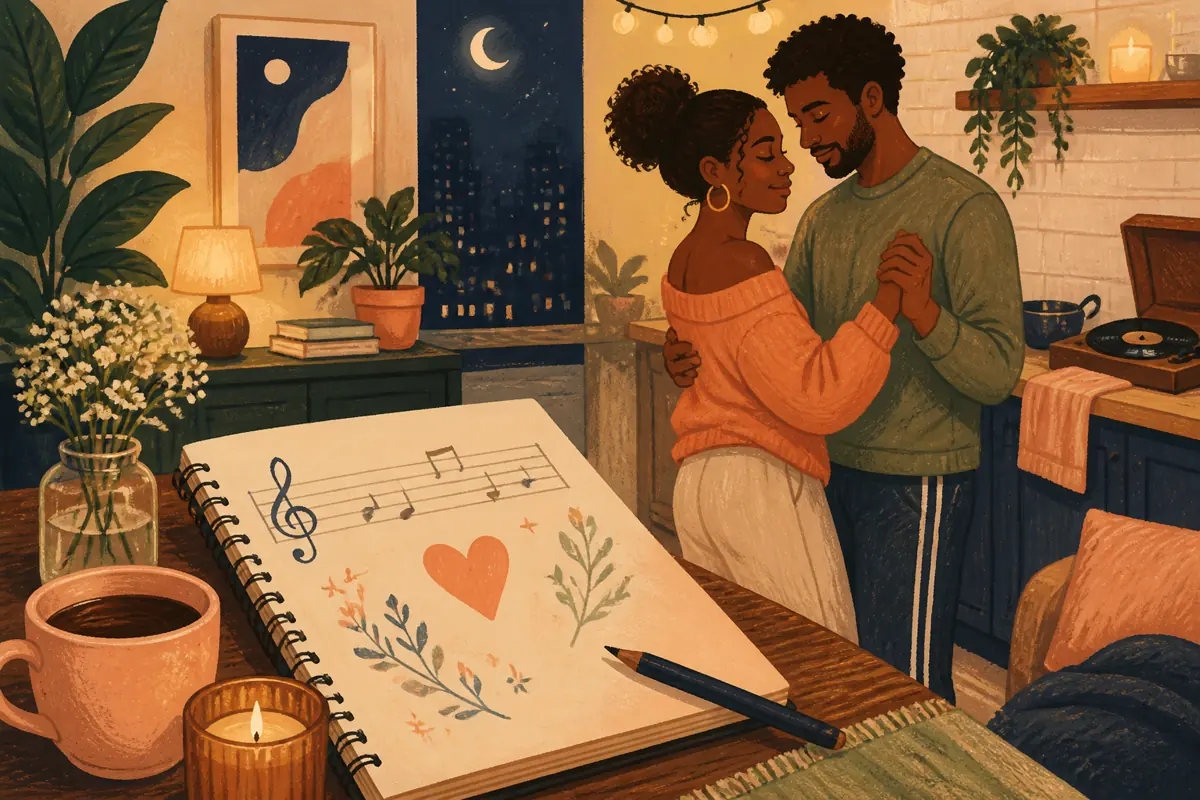 Gouache illustration of a late-night drive, a slow dance while cleaning up inspiring a handmade R&B song for the intended listener.