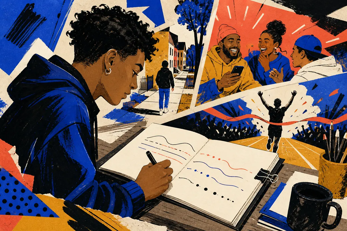 Gouache illustration of a neighborhood route, a running group chat joke, a hard-earned win inspiring a handmade rap song for the intended listener.