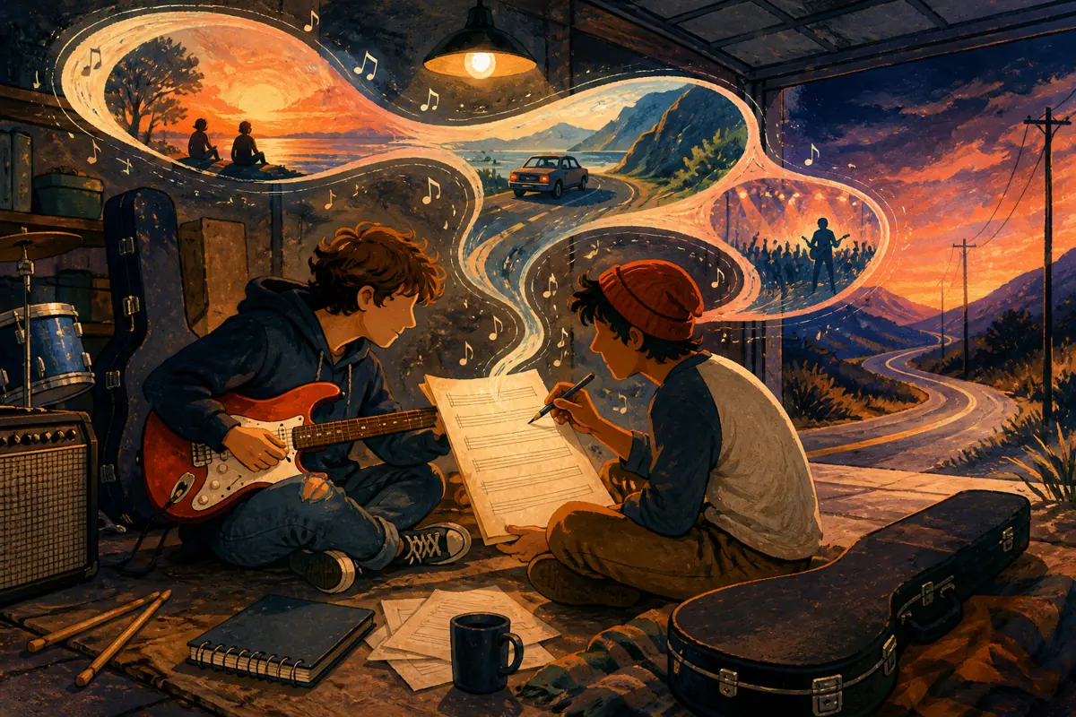 Gouache illustration of a garage rehearsal, a long drive with the stereo up inspiring a handmade rock song for the intended listener.
