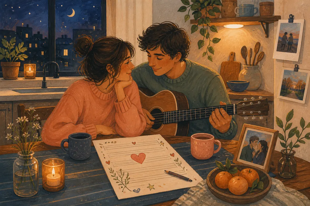 Gouache illustration of a late kitchen conversation, the way they reach for your hand in crowds inspiring a handmade a style both partners enjoy song for the partner receiving the