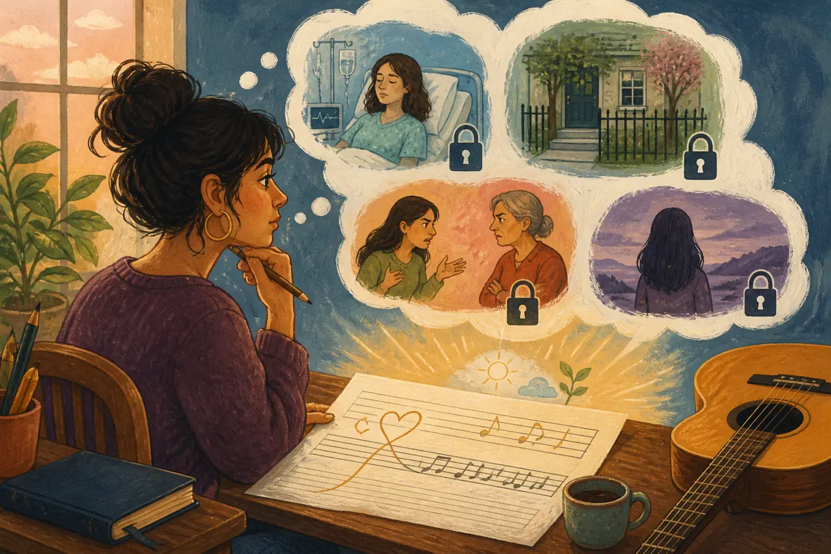 Gouache illustration of a precise medical event, an address, a family conflict inspiring a handmade any genre song for the intended listener and anyone named.