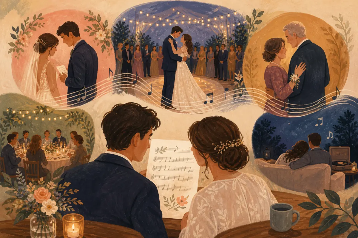 Gouache illustration of a private pre-ceremony exchange, the first dance, a parent dance, dinner inspiring a handmade the song’s tempo and lyrical intimacy song for the couple and